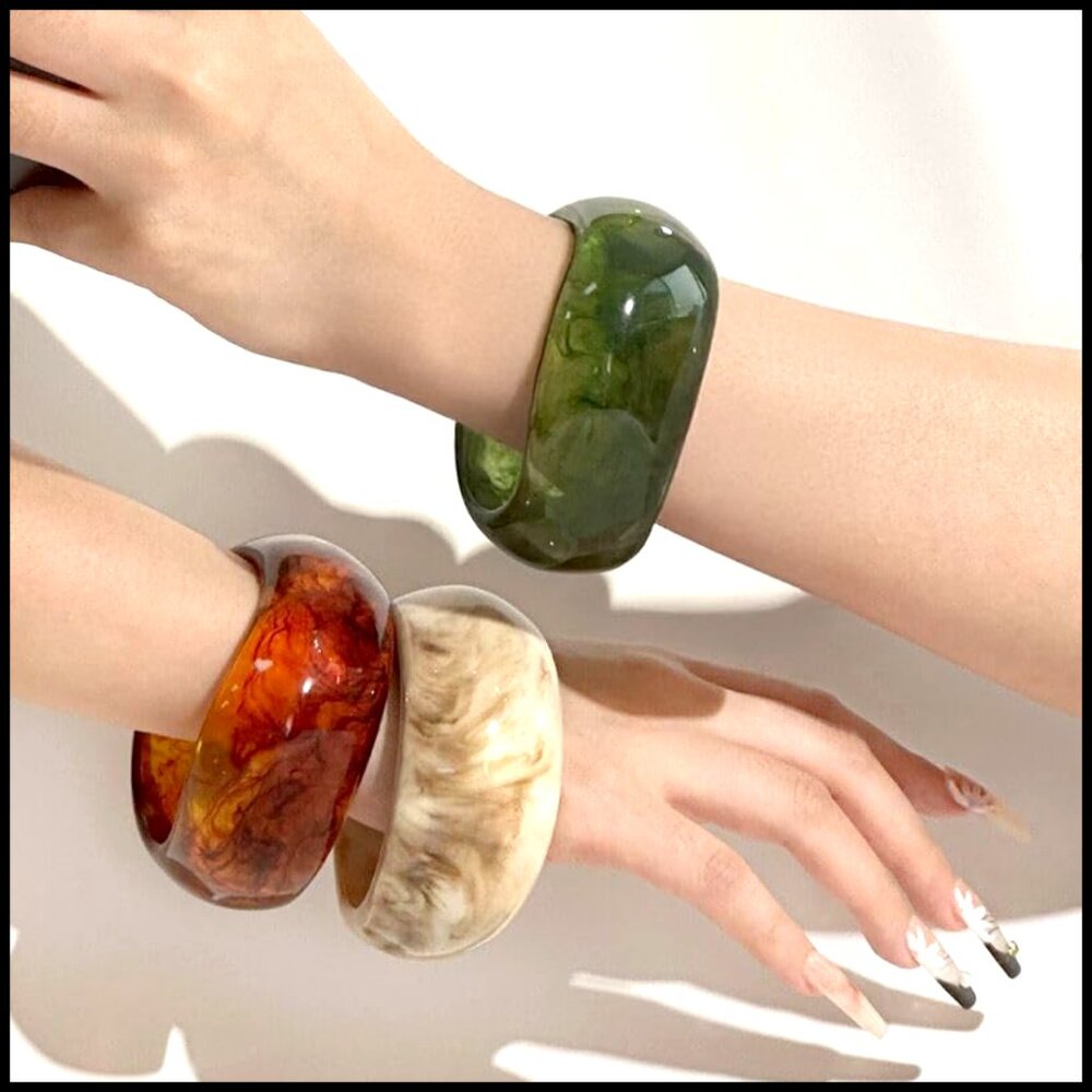 Chunky Resin Bangle Bracelets Stackable Retro Geo… - image 2